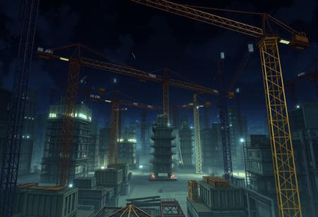 A screenshot of an anime, a construction site at night, with complex and intricate movements. Walking alone there is quite terrifying.