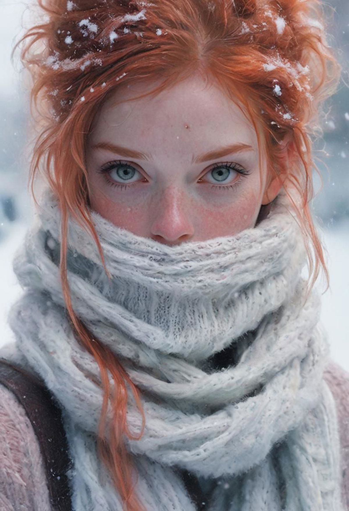 A woman with red hair and blue eyes wearing a white scarf.
