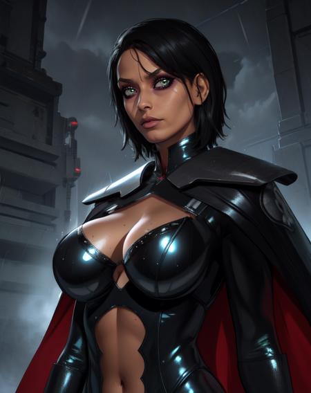 Trilla, short hair, green eyes, , eye shadow, cleavage cutout,  
 looking at viewer, serious, upper body, close up,   covered navel,  
gloves, tight, bodysuit, black cape, black pants, 
 raining,metal platform,night,
 (insanely detailed, beautiful detailed face, masterpiece, best quality),
 <lora:Trilla-10v5:0.8>