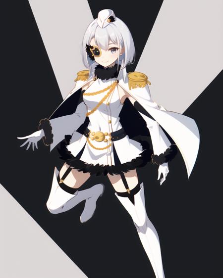 masterpiece, high quality, mgrcnagitan, (dynamic pose), light smile, detailed eyes, 1girl, white hair, grey eyes, golden monocle on right eye, one eye covered, white sleeveless dress with fur edgings, white cloak with high collar, white long sleeves with fur edgings, golden epolets, black belt with golden buckle, white garrison cap, white gloves, zettai ryouiki, black thighhighs, white legwear, abstract background, <lora:mgrcnagitan-000006:0.8>