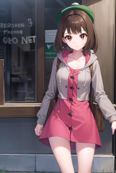 pokemongloria, <lora:pokemongloria-lora-nochekaiser:1>,
pokemongloria, (brown eyes:1.5), brown hair, medium hair, (small breasts:1.2),
BREAK cardigan, dress, green headwear, grey cardigan, hood, hood down, hooded cardigan, long sleeves, pink dress, short dress,
BREAK looking at viewer, full body, upper body,
BREAK outdoors, city, sky,
BREAK <lyco:GoodHands-beta2:1>, (masterpiece:1.2), best quality, high resolution, unity 8k wallpaper, (illustration:0.8), (beautiful detailed eyes:1.6), extremely detailed face, perfect lighting, extremely detailed CG, (perfect hands, perfect anatomy),