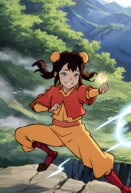 best quality, beautifully detailed illustration, beautifully detailed sunlight, soft lighting, (best shadows), looking at viewer,
BREAK
1girl, ikki, solo focus, black hair, bun cover, double bun, (airbending:1.3), (wind effect:1.3), smile, dress, outdoors, mountainside,  cliff face   <lora:Ikki:1>