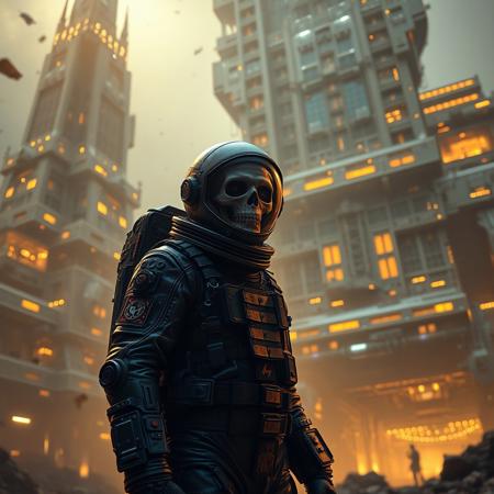 A cinematic shot of an undead lich astronaut in a vibrant metallic black spacesuit standing in the foreground, with a massive, ziggurat spacestation as the backdrop. The spacestation is adorned with numerous lights, windows, and technical details. The astronaut's suit is equipped with various gadgets and patches. The atmosphere is filled with floating debris and a hazy golden glow