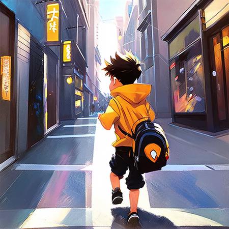 A little boy with a pokemon backpack running down a tokyo sidewalk sda768