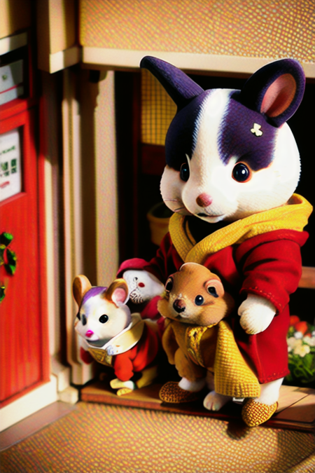 sylvanianfamilies, rabbit, husky, hamster, cute, wearing red robe, <lora:sylvanianfamilies-768x768-mix-ReVAnimated:0.5>