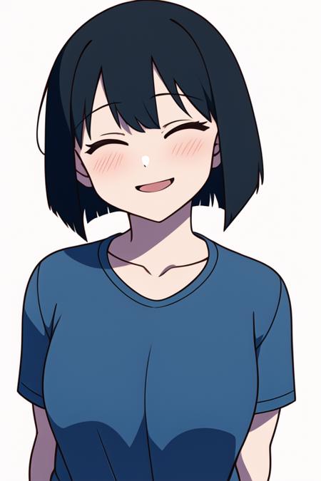 1girl, upper body, kaorin, blue shirt, small breasts, closed eyes, smile, open mouth, looking at viewer, arms behind back, white background, simple background, <lora:KaorinLoRA:0.8>