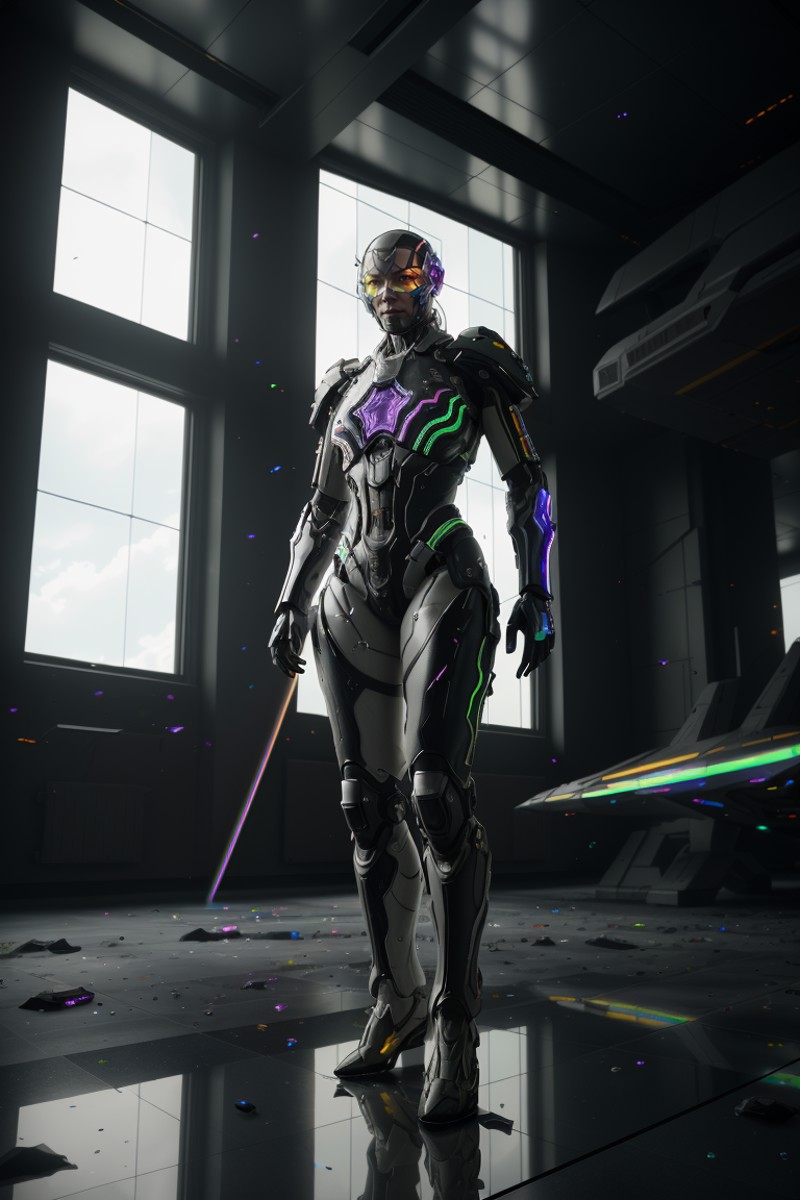 a photo of 8k ultra realistic corrupted rainbow transparent glass humanoid queen standing next to a spaceship window overl...