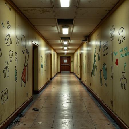 Le couloir s’étire à l’infini sous la lueur tremblotante des néons qui grésillent par intermittence. Les murs, autrefois recouverts de dessins d’enfants, ne sont plus que des vestiges décolorés, rongés par le temps et l’humidité. Le sol en linoléum est fissuré, par endroits arraché, laissant apparaître un béton froid et poussiéreux.
Des casiers entrouverts laissent échapper des papiers froissés, griffonnés de mots illisibles. L’odeur âcre de moisi et de vieille craie flotte dans l’air stagnant. À chaque pas, le silence s’épaissit, pesant, oppressant... Jusqu’à ce qu’un léger grincement brise l’immobilité. Une porte entrouverte oscille lentement, sans raison apparente.
Au fond du couloir, une salle de classe plongée dans la pénombre. Des chaises renversées, un tableau couvert de griffures, des ombres qui semblent s’étirer anormalement sur les murs. Et puis, ce murmure... Une voix d’enfant étouffée, impossible à localiser, qui récite une comptine oubliée.
Ici, personne n’a mis les pieds depuis des années. Pourtant, quelque chose n’a jamais cessé d’attendre.