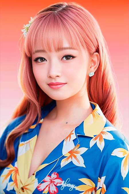 reive wearing a (hawaiian shirt:1.2), 1girl, makeup, eyeliner, pink hair, detailed beach background, summer, (quality:1.4), (photorealistic:1.4), happy smile, looking at viewer, highly detailed skin, skin pores, subsurface scattering, absurdres, perfect anatomy, realistic proportions, perfect lighting, sharp focus, 85mm lens, side lighting, vibrant,