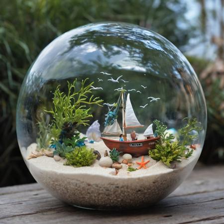 Eye-pleasing spherical glass terrarium containing tiny suny seascape with beach ocean waves sea water and boat. Outside the 3D terrarium, 
a child is sitting and creating a storm inside it by blowing into the terrarium. The tiny sailor inside the terrarium looks at the child in horror and pleads with him to refrain from blowing., 
hd