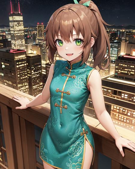 best quality, (masterpiece:1.2), illustration, absurdres,
(1girl), (solo), (beautiful detailed girl),  cowboy shot,
<lora:TowaQipao-08:0.8>, Towa Herschel, brown hair, ponytail, hair ribbon, green eyes, petite, small, short, flat chest, small breasts,
chinese clothes, green dress, green shoes,
looking at viewer, smile,
night, on balcony, city lights, starry sky, overlooking city,