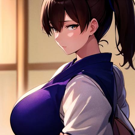 kaga_\(kancolle\), huge_breasts, side_ponytail, japanese_clothes,  brown_eyes, brown_hair, (masterpiece, best quality, asburdres, detailed eyes:1.0),   <lyco:Kaga_Kancolle_v1.0:0.5>