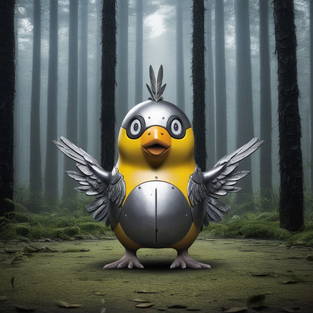 psyduck from pokemon made of iron, pokemon \(creature\), no humans, solo, iron forest background, standing, full body, hands on own head, animal focus, bird, duck made of iron, black eyes, silver, iron feathers, looking at viewer, closed mouth, arms up.
