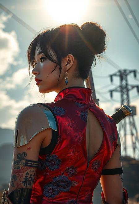 armor reflects fractured sunlight like liquid steel. The backdrop is impossibly alive — sky and machine bleed into each other. Her crimson cheongsam hugs her synthetic frame, patterned in royal blue chrysanthemums, which shimmer subtly with each shift of light. The sleeveless cut reveals full cyborg arms: one sleek and polished, the other layered with tattoo-like circuit glyphs glowing faintly.  On her back, a katana with blackened edge and etched runes rises like a totem, locked into a reinforced spine port. Thin fiber wires lead from her shoulder to a distant power pole, barely visible above. Her glowing earrings sway faintly in a wind you can’t feel, casting tiny flares of red across her collarbone.  Lighting: Dramatic vertical sunlight with iridescent color bounces from the sky, highlighting chromatic steel and cheekbones. Environment: Heaven-machine hybrid vista, a dreamlike atmosphere fused with electric cables overhead, power boxes quietly humming. Mood: Stilled voltage, a goddess of the artificial heavens resting before ignition. <lora:MoriiMee_Gothic_Niji_Style_FLUX:0.3500000000000001> <lora:AsirAsianPhotographyflux:0.7000000000000002>