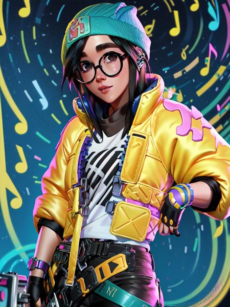 A realistic portrait of a kljy playing a guitar, yellow jacket, surrounded by swirling, colorful music notes in the background, glasses,  in the art style of artists called "Esao Andrews", "Stanley Mouse", and "Dan Mumford