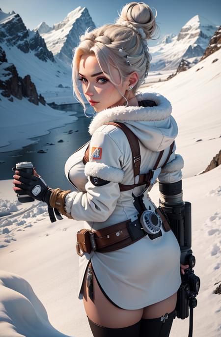 Hasselblad, attractive stunning woman, (messy bun), behind glacial mountains, snow,