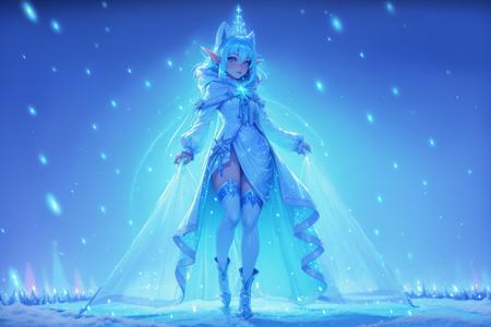 ((flourescent theme)), iridescent aura, snow, snowing, 1girl, solo, adult mature woman, age 30, high quality, best quality, highres, full body, high detail,  masterpiece, pointy ears, best quality, <lora:Bluemageddon:1.1>,