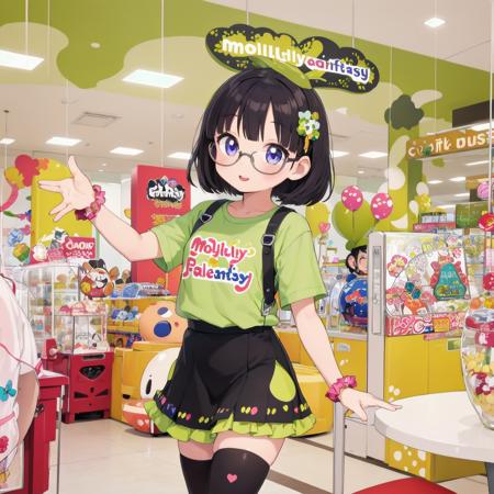 best quality, ultra-detailed, illustration,
1girl,solo, black hair, medium hair, glasses, 
idol style, cute clothing, bright colors, playful patterns, ruffled skirts, knee-high socks, kawaii accessories, youthful designs,
MollyFantasy, scenery, shop, poster (object), chair, indoors, 
 <lora:MollyFantasy_SD15_V1:0.8>