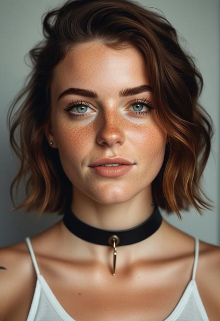 photo, rule of thirds, dramatic lighting, medium hair, detailed face, detailed nose, woman wearing tank top, freckles, collar or choker, smirk, tattoo, intricate background ,realism,realistic,raw,analog,woman,portrait,photorealistic,analog,realism