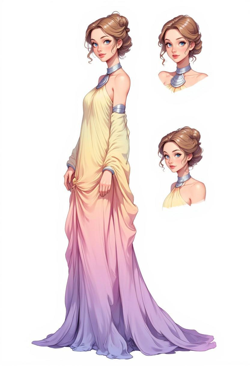 CharacterDesignFLUX, reference sheet,white background,simple background,multiple views, upper body, front, from side, color palette reference, a woman in an elegant flowing gown. wearing Padme Amidala Naboo Lake Dress, the dress is flowing off-the-shoulder high neck gown with a color gradiant from pale yellow to lavender, dress is connected to a large metal choker, metal arm bands, long flowing sleeves with bottom of the sleeves tied together in knot on front of dress. The woman stands in the center of the image facing forward with a serene expression. She has light brown hair styled in an updo with a few loose strands framing her face. Her eyes are a soft blue and her lips are a natural pink. The overall effect is one of grace and elegance with an ethereal dreamlike quality., high_detailed, captured in high detail, full body portrait on left hand side, 2 upper body portraits on the right hand side