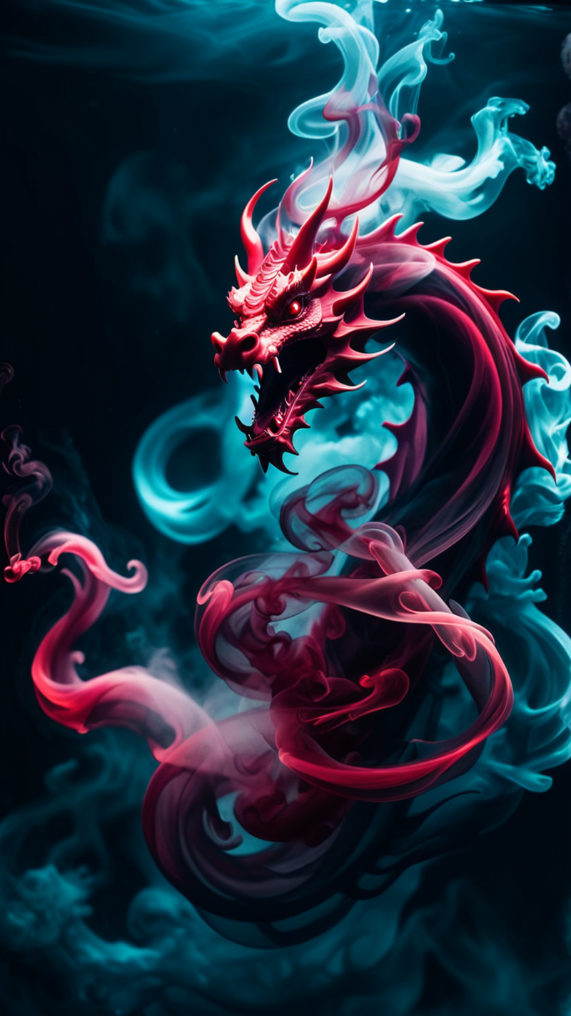 A vibrant and dynamic image of a red and blue dragon breathing smoke.