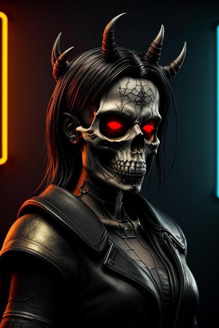 portrait of devil skull merging with CHARACTERS NAME) warrior in cyber punk, horror core, neon ambiance, beautiful detailed intricate insanely detailed detailed, digital painting, vibrant, epic, masterpiece, HDR, sharp focus, illustration, ultra realistic, 8 k, soft natural volumetric cinematic perfect light, sf, intricate artwork masterpiece, ominous, matte painting movie poster, golden ratio,  intricate, epic,  highly detailed, vibrant, production cinematic character render, ultra high quality model in style of the known darkest artist,