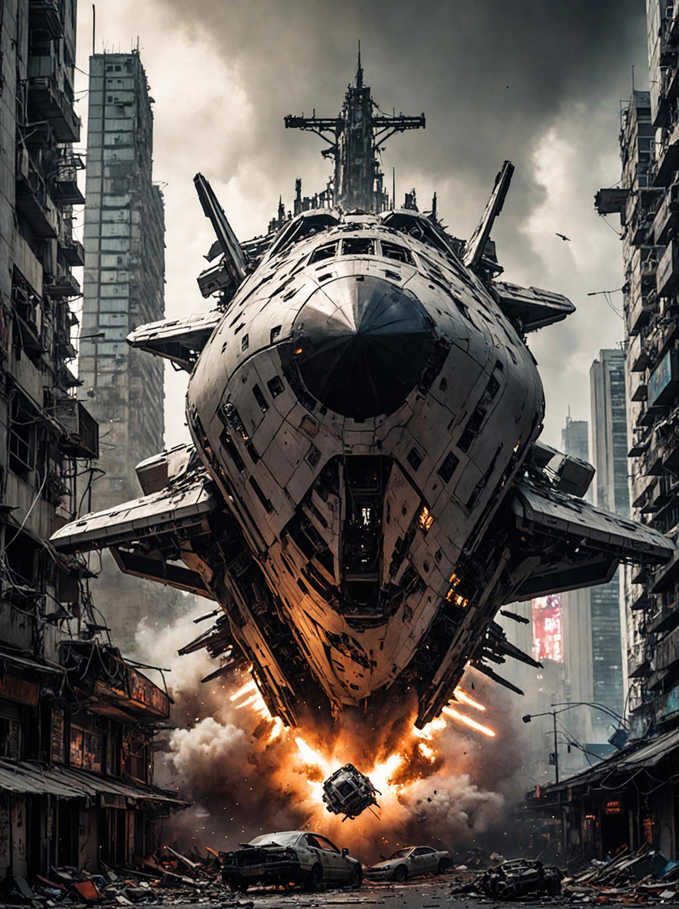 A Space Shuttle Crashes into a City: A dramatic scene of a spaceship crashing into a cityscape, surrounded by tall buildings.