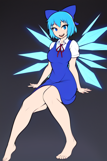 masterpiece, best quality, cirno, 1girl, solo, looking at viewer, smile, short hair, open mouth, blue eyes, simple background, blue hair, full body, short sleeves, hair bow, barefoot, collared shirt, red neck ribbon, blue dress, blue bow, fairy, ice wings, detached wings   <lora:zko:1.0>