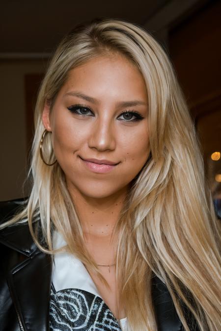 RAW photo of annkou, Statement blazer and faux leather leggings for a night out with friends, closeup portrait, blonde, (high detailed skin:1.2), 8k uhd, dslr, soft lighting, high quality, film grain, Fujifilm XT3,  <lora:annkou-000061:1>
