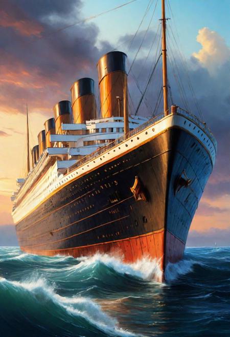 a detailed painting of Titanic ship, masterpiece, high definition, realistic, 4k
