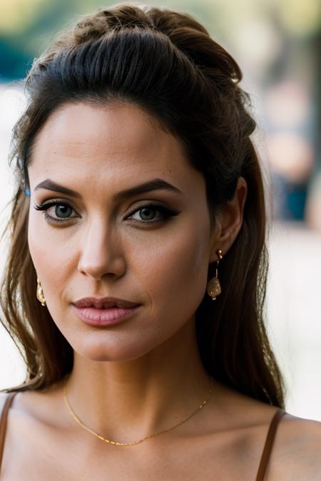 Realistic photo of a beautiful 4ng3l1n4j-v2 woman,  1girl, solo, long hair, looking at viewer, brown hair, jewelry, earrings, lips, eyelashes, makeup, portrait, realistic, soft lighting, professional Photography, Photorealistic, detailed, RAW, analog, sharp focus, 8k, HD, DSLR, high quality, Fujifilm XT3, film grain, award winning, masterpiece<lora:4ng3l1n4j-v2:1.0>