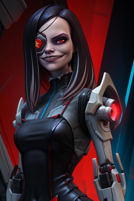 Beatrix, red eyes, pale skin, black hair, eyepatch,  mechanical arms, 
black dress, 
 solo, upper body, standing,  evil smile, 
cyberpunk background, red themed background, stars, 
(insanely detailed, beautiful detailed face, masterpiece, best quality) 
 <lora:Beatrix-10:0.7>