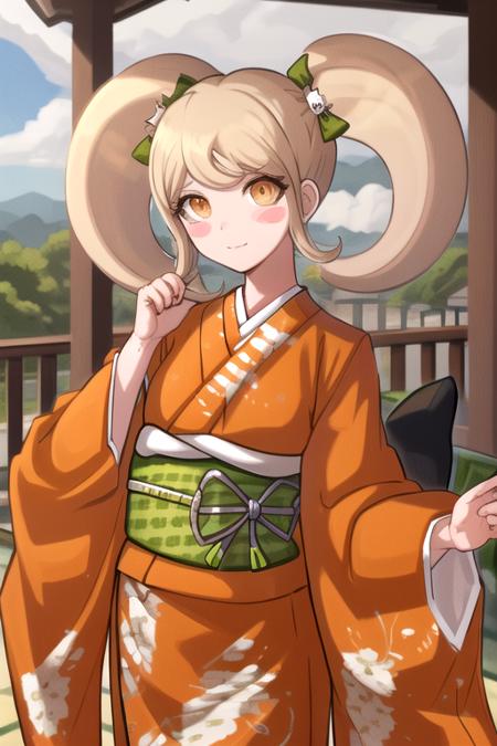 masterpiece, best quality, highres,  <lora:HiyokoDGv3:1>, 1girl, solo, cat hair ornament, blush stickers, japanese clothes, kimono, hair ornament, bow, hair bow, obi, orange kimono, sash, long sleeves, wide sleeves, green bow,