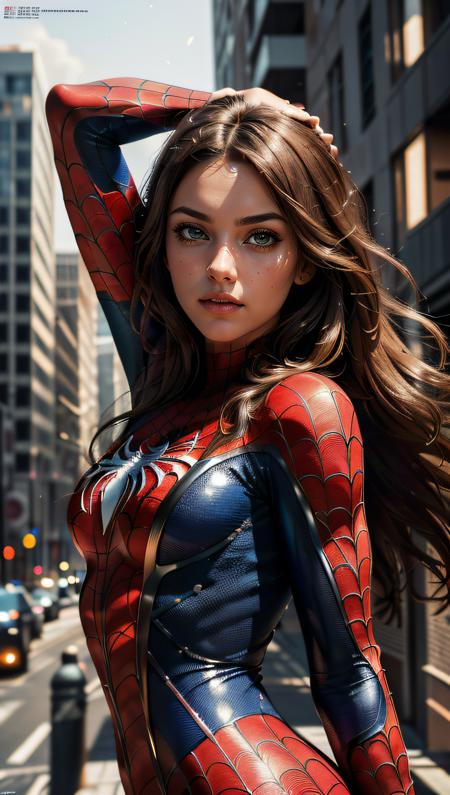 (best quality, masterpiece, colorful, dynamic angle, highest detailed) upper body photo, fashion photography of cute, intense red long hair, \Mary Jane\ in spiderman suit, (ultrahigh resolution textures), in dynamic pose, bokeh, glowing web, (intricate details, hyperdetailed:1.15), detailed, light passing through hair, colorful art flat background, (official art, extreme detailed, highest detailed),