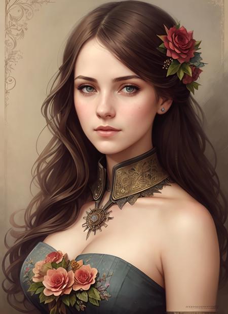 Charlie Bowater realistic Lithography sketch portrait of a woman, flowers, [gears], pipes, dieselpunk, multi-colored ribbons, old paper texture, highly detailed