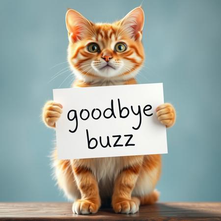 A cat holding a sign that says "goodbye buzz"