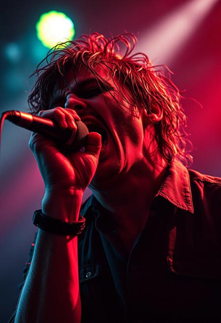 close up shot of a 90's dark punk rock front man screaming his song in the Mikrophon. Tens Muskels and veins on his arms and neck from the intense show. the shot is timed perfectly and the lights are spot on. Giving the scene a dramatic side rim lighting and a face in half shadow. Soft smoke from the smoke machines on the top of the tent is dramatically illuminated from the light show with red, green and blue lasers and strong warm spotlights. His shirt is wet from his sweat and his wet long curly hair sticks to his head and face. his make-up is painting a pure white face with pitch black lines around his completely black eyes and black lips. 
Shot with a full-frame DSLR, 85mm lens at f/1.8 for shallow depth of field, ISO 400, 1/100 shutter speed. Cold dimm light enhanced with slight post-processing contrast boost and neutral tone grading. balancing sci-fi horror with dark fantasy. dark gothic warhammer30k theme