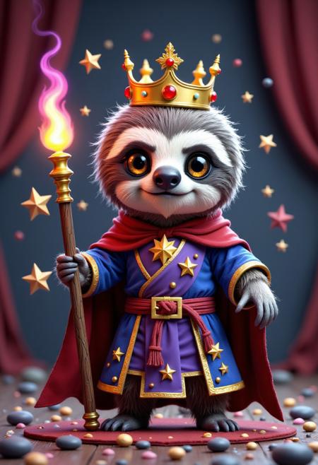 a super realistic3ds max rtx rendered cute sloth king with crown, holding a magic staff and wearing a magic robe. As super hero game character, Poster style Artwork. 
, aidmaHiDreamStyle