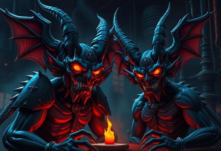 Create a high-definition, photorealistic artwork of a couple of Chaos King Archfiends in a dark, industrial setting inspired by the 'Dark Factory of Mass Production'. The characters should be depicted as djinn men with male demon features, incorporating elements of anthropomorphic evil bunnies with bat noses. Incorporate four faces in one creature and muscular magician men in the scene. The artwork should blend cartoon proportions with realistic, lifelike details and micro-details. The color palette should feature dark blue and red hues, with a focus on cinematic lighting and adherence to the golden ratio. The style should be reminiscent of Mac Conner, Klimt, artgerm, Greg Rutkowski, and Alphonse Mucha. Output should be in 8K resolution with a cinematic aspect ratio.