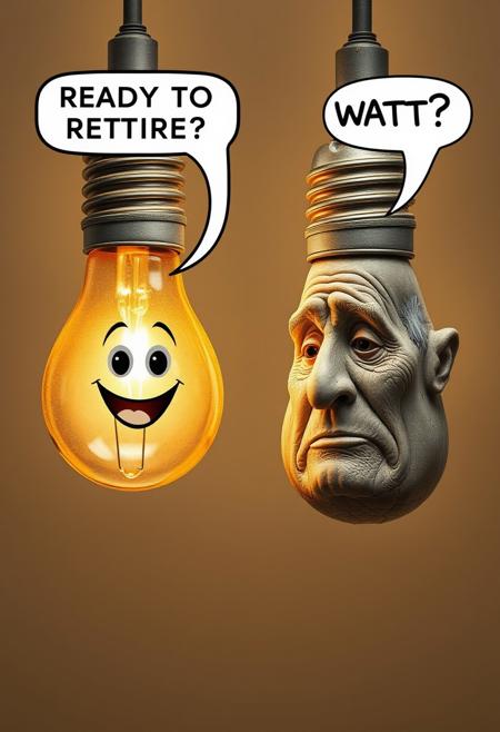 Create a hyper-realistic, hyper-detailed depiction of two upside-down light bulbs with expressive faces screwed into their own separate light fixtures, having a conversation with each other. One bulb, with a bright and cheerful face, shines radiantly and asks in a speech bubble "READY TO RETIRE?" The other bulb, with a worn and weary face, is elderly, dusty, and cracked, with a hearing aid visible behind its fixture. It replies in a speech bubble "WATT?", its response muffled and unclear due to its poor hearing. Style: hyper-realistic, detailed, humorous. Colors: warm white, yellow, gray, brown. Highest-Quality, 4k, Masterpiece