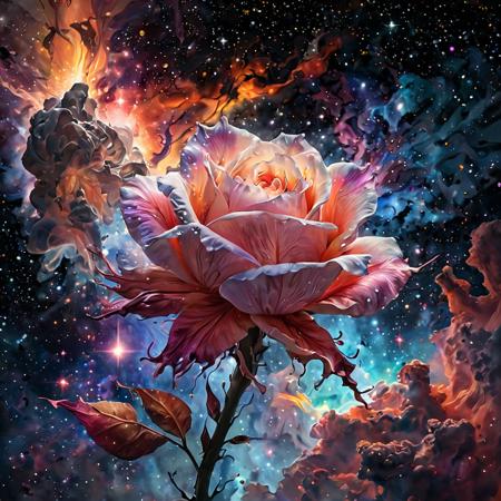 <(breathtaking A hyperdetailed digital ink painting of a colorful nebula in form of (semi-transparent rosebud partially colored with translucent nebula :1.12) . high contrast, This fantastical creation features petals-streams that swirl with vibrant nebula, stream seems to be made from vivid nebula, with a glare that makes the nebula appear to glow from within. The edges of the petals streams are tinged with the  glow of  stars, center pulses with a bright, stellar light. The background is a dark, vast space that accentuates the luminosity and intricate details of the nebula, with specks of white stars scattered across it, enhancing the surreal and majestic atmosphere . award-winning, professional, highly detailed)> 
<(detailed image, deep color, fantastical, intricate detail, splash screen, complementary colors, fantasy concept art, 8k resolution):0.9>,
<lora:add-detail-xl:0.75>
