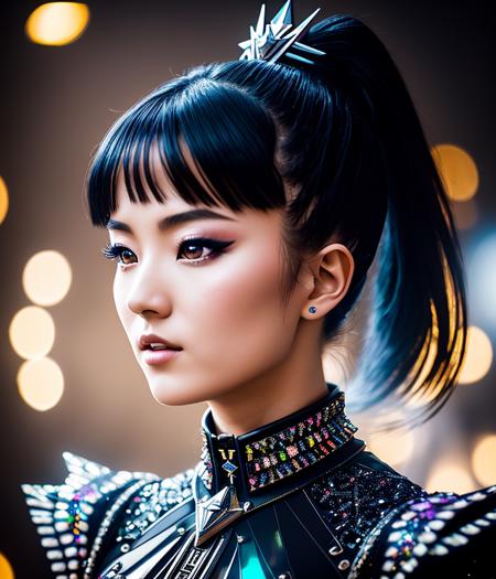 RAW photo, hyper real photo of sumetal japanese woman with a ponytail and crown on her head  in black dress with iridescent reflections sequined outfit that glimmers in the light, futuristic gothic style, black lether and steel studs, space galaxy in background, metal rock music concert, heavy metal style, pixiv contest winner, precisionism, official art, high resolution, uhd image, best quality masterpiece, photorealistic, detailed, 8k, HDR, shallow depth of field, broad light, high contrast, dark background with ancient temple, old stone statues of fox god, backlighting, bloom, light sparkles, chromatic aberration, sharp focus, RAW color photo, film still, Film-like, bokeh, 3d, cinematic lighting, 8k resolution, Nikon 85mm, Award Winning, Glamour Photograph, extremely detailed, high quality, film grain  <lora:SuMetal:1>