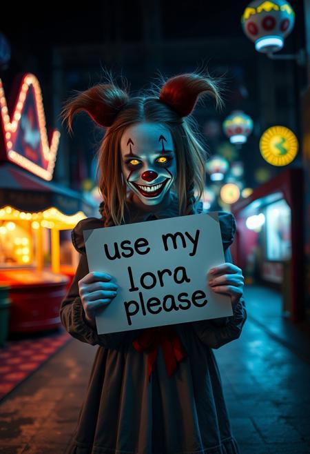 A girl from a horror movie stands in a dark place in a horror city with glowing eyes and a scary smile holding a sign that says "use my lora please"
amusement park, clown