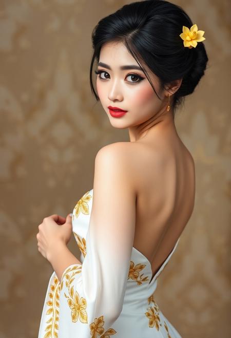 a gorgeous 25 years old asian woman, very pale skin, black very long hair in elegant updo with yellow lotus flower hairpins, long black eyelashes, black mascara, black eyeliner define her big beautiful dark green eyes, golden glittering eyeshadow, luscious sensual pink glossy lips, rouge, sexy curves, big breasts, very long elegant white dress with golden flower pattern, turns her head at viewer elegantly