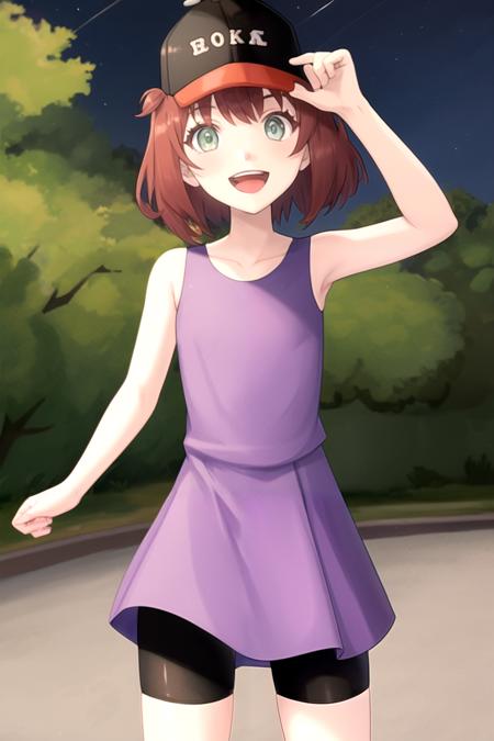 masterpiece, best quality, highres, 1girl, solo, dress, bike shorts, cowboy shot, open mouth, smile, sleeveless, purple dress, baseball cap, shorts under dress, standing, outdoors, sleeveless dress, black headwear, tongue, teeth, :d, bangs, bare arms,  <lora:KeksandraClover:1>, night, stary night,