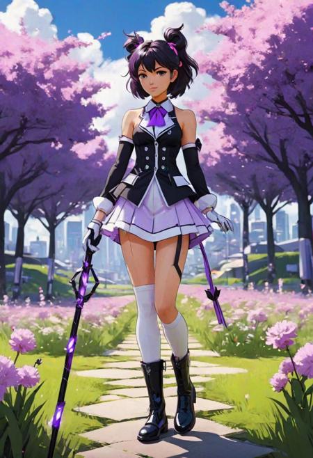 1girl, (mahou shoujo, magical girl:1.2), full body, violet lilac black white suit dress, necktie, black boots, holding magical staff, socks, detailed meadow futuristic cyberpunk city background, natural dim lighting, Genshin Impact Style, 80s, anime, anizont,