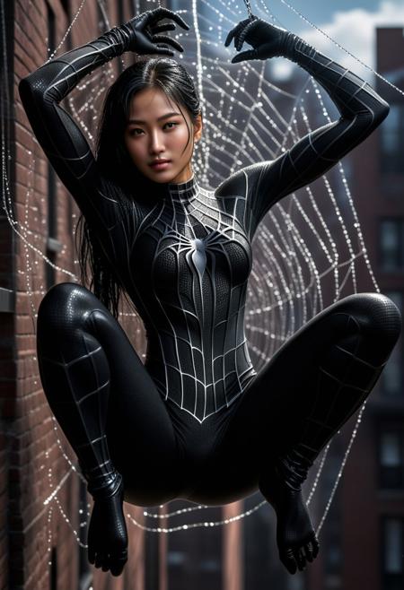 score_9, score_8_up, score_7_up, best quality, realistic, masterpiece, beautiful detail, hyperrealistic, afternoon sky, ((1girl, woman body, large breast)), amazing detailed full body of a cute korean girl, wearing a realistic and highly detailed black raimi spider-man suit, ((defined muscular girl)), professional model wears ultra - detailed black raimi spider - man suit, ultra - detailed and grained black raimi spiderman suit, suit covered entire body and hand, black spiderman gloves, wet, (light smile, swinging on a spider web, black hair), close up, octane render, highly detailed, volumetric, dramatic lighting, (highest quality:1.1), (HDR:1.3), (top quality, best quality), realistic, high definition, sharp contrast between light and shadow, athletic and fit physique, highly detailed and accurate portrayal, photorealistic rendering, tense and alert atmosphere cinematic scene, cinematic lighting, intricate detail skin and facial texture, lifelike expression, accurate character design, interesting and complex background details,