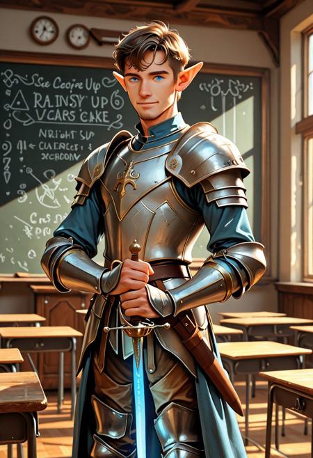 score_9_up, score_8_up, score_7_up, score_6_up. masterpiece, best quality, good quality, very aesthetic, absurdres, semirealism, RapierXL, cl4ssrm, fantasy, 8K, depth of field, focused subject, Elf knight:1.3, 19yo male, androgynous, pointed ears, short brown hair, male haircut, blue eyes, wearing detailed armor, knight's armor, standing, light smile, holding sword, rapier, weapon, blue glowing sword,  indoors, chalkboard, classroom, podium, school desks,