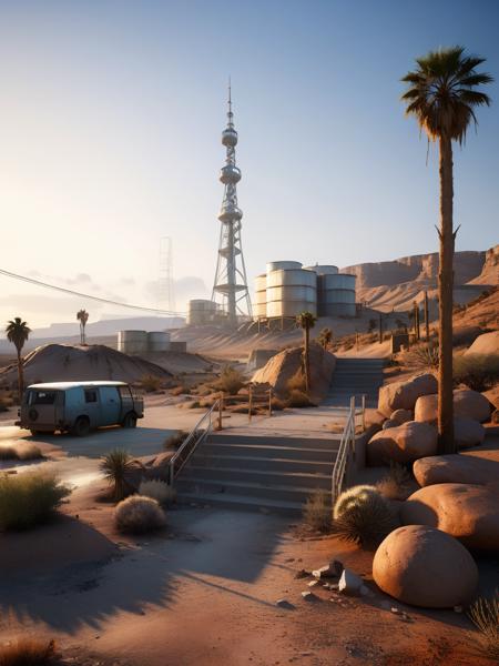 <lora:3DCyberpunkStyle_Hap_XL:1.3>, masterpiece, 3d render,ultra sharp,UHD,highres,absurdes,cyberpunk aesthetic,dusk,v-ray,screen space ambient occlusion, desert landscape, industrial structures, water towers, abandoned vehicles, arid environment, dusty atmosphere, palm trees, desert vegetation, sunset lighting, warm color palette, power lines, communication tower, damaged road barriers, desert rocks, dirt paths, eroded cliffs, distant city skyline, holographic projections, rust and wear, metal stairs, storage tanks, shadow and light contrast, clear sky,  no people
