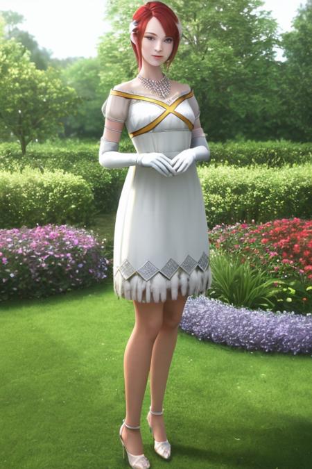 masterpiece, best quality,  <lora:Elise:0.6>, princesselise, red hair, short hair, blue eyes, white dress, white gloves, high heels, earring, feather ornament, necklace, full body, standing, garden, colorful garden